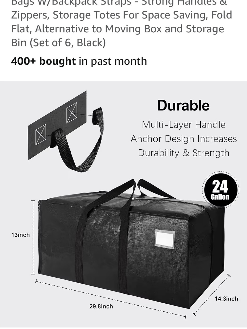 Heavy-Duty Black Storage Totes with Reinforced Carry Straps (Set of 6) - Picture 2 of 4